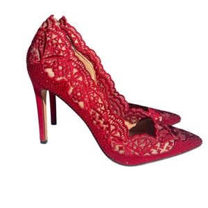 Red Lace Scalloped Pointed Toe High Heels size 5